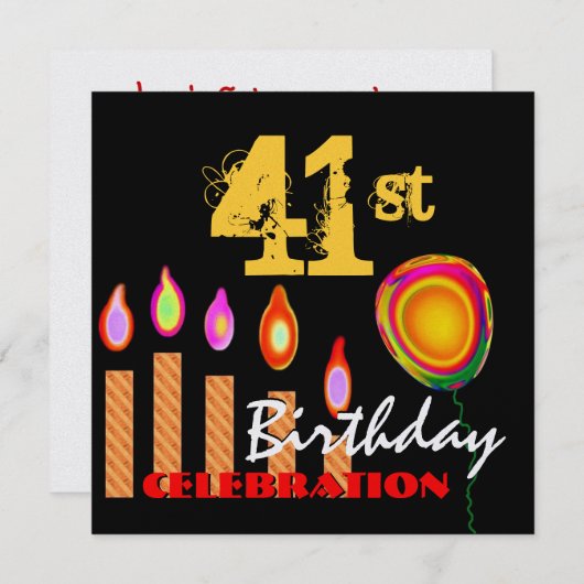 41. Birthday Gold Candles und Balloon Metallic Einladung (Vorne/Hinten)