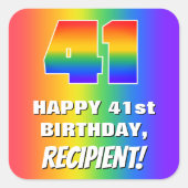 41. Geburtstag: Farbiges, lustiges Regenbogenmuste Quadratischer Aufkleber (Vorderseite)