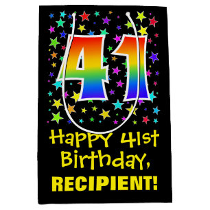 41. Geburtstag: Farbiges Sternenmuster & Regenboge Mittlere Geschenktüte