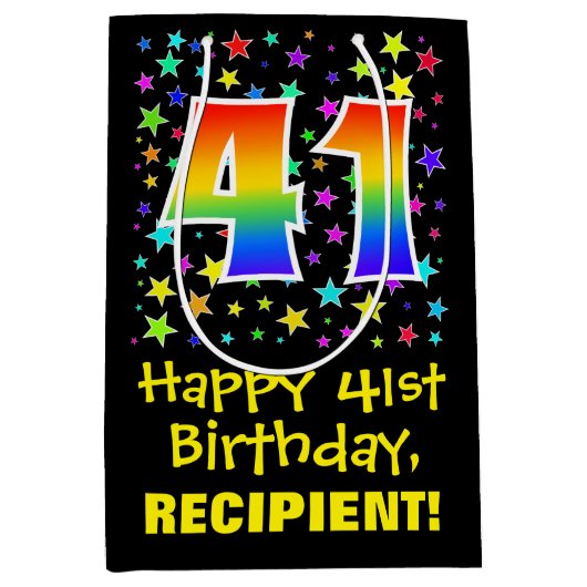 41. Geburtstag: Farbiges Sternenmuster & Regenboge Mittlere Geschenktüte (Vorderseite)