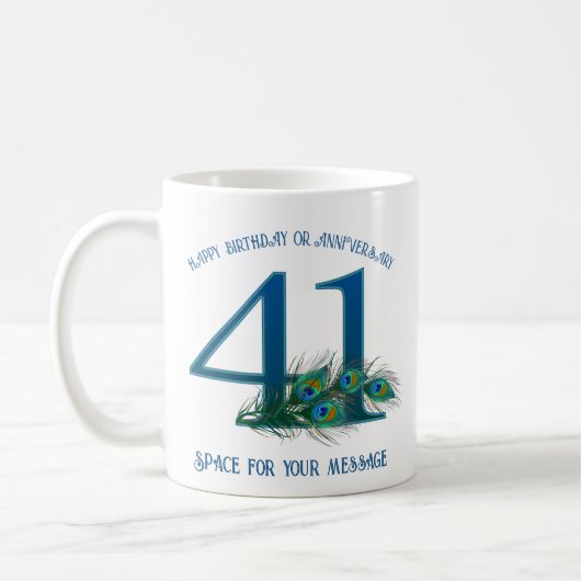 41. Geburtstag oder Jubiläum Pfauenfeder Kaffeetasse (Links)