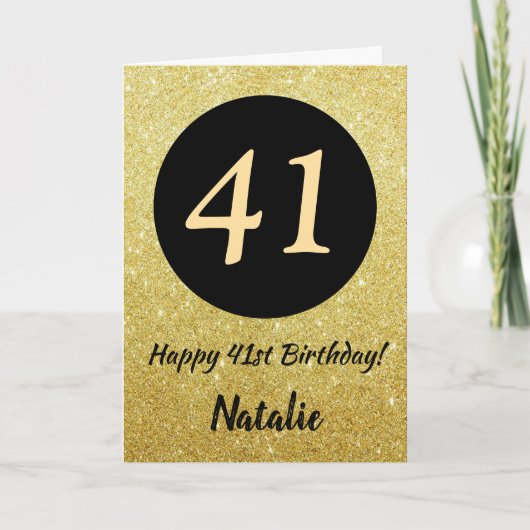 41. Happy Birthday Black and Gold Glitzer Card Karte (Vorderseite)