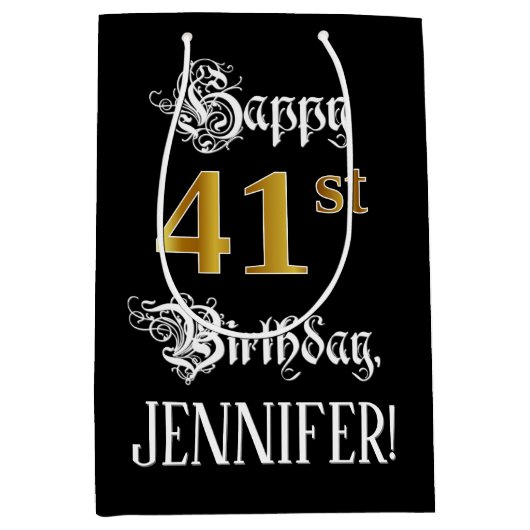 41st Birthday ~ Fancy Script; Faux Gold Look; Name Mittlere Geschenktüte (Vorderseite)