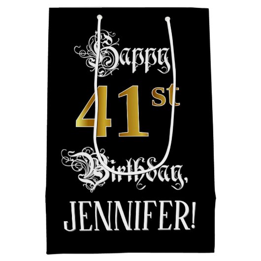 41st Birthday ~ Fancy Script; Faux Gold Look; Name Mittlere Geschenktüte (Rückseite)