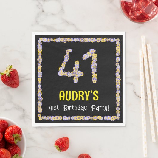 41st Birthday: Floral Flowers Number, Custom Name Serviette (Beispiel)