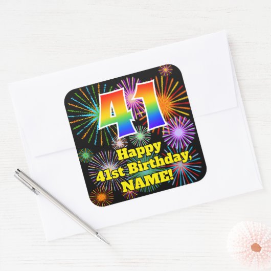 41st Birthday: Fun Fireworks Look, Rainbow # 41 Quadratischer Aufkleber (Umschlag)