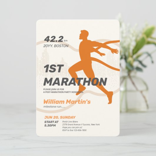 42,2 km 1ST-Marathon-Post-Marathon-Party Einladung (Stehend Vorderseite)