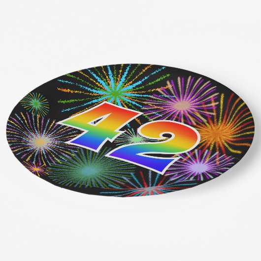 42. Event - Spaß, farbenfroh, kühl, Regenbogen 42 Pappteller (Schrägansicht)
