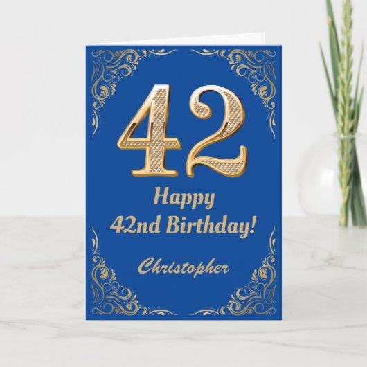 42. Geburtstag Blue and Gold Glitzer Frame Karte (Vorderseite)
