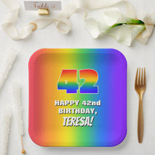 42. Geburtstag: Farbige, lustige Regenbogenmuster  Pappteller