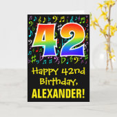 42. Geburtstag: Farbige Musiksymbole + Regenbogen Karte (Gelbe Blume)