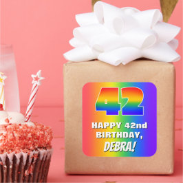 42. Geburtstag: Farbiges, lustiges Regenbogenmuste Quadratischer Aufkleber
