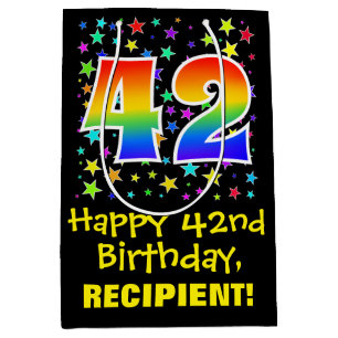 42. Geburtstag: Farbiges Sternenmuster & Regenboge Mittlere Geschenktüte