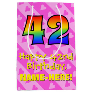 42. Geburtstag: Fun Pink Hearts Streifen; Regenbog Mittlere Geschenktüte