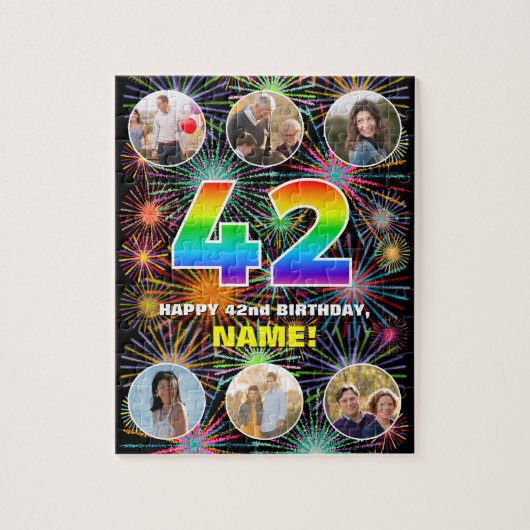 42. Geburtstag: Fun Rainbow #, Individuelle Name + Puzzle (Vertikal)