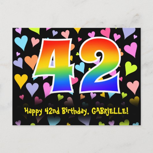 42. Geburtstag: Lustiges Herzen-Muster, Regenbogen Postkarte (Vorderseite)
