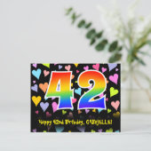 42. Geburtstag: Lustiges Herzen-Muster, Regenbogen Postkarte (Stehend Vorderseite)