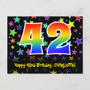 42. Geburtstag: Lustiges Sterne-Muster, Regenbogen Postkarte