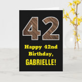 42. Geburtstag: Name, Imitate Holzkörnchen Muster  Karte (Gelbe Blume)