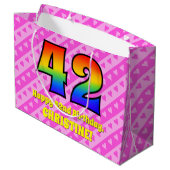 42. Geburtstag: Rosa Streifen & Herz, Regenbogen # Große Geschenktüte (Rückseite Schrägansicht)