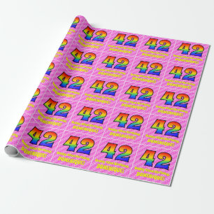 42. Geburtstag: Rosa Streifen & Herzen, Regenbogen Geschenkpapier