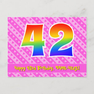 42. Geburtstag: Rosa Streifen & Herzen, Regenbogen Postkarte