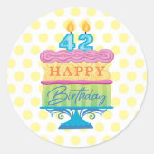 42. Happy Birthday Cake Yellow Dots Runder Aufkleber (Vorderseite)