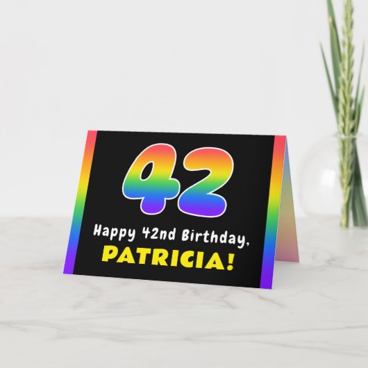 42nd Birthday: Colorful Rainbow # 42, Custom Name Karte (Vorderseite)