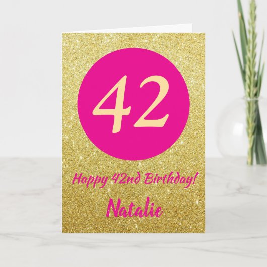 42nd Happy Birthday Hot Pink and Gold Glitter Karte (Vorderseite)
