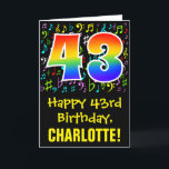43. Geburtstag: Farbige Musiksymbole   Regenbogen  Karte<br><div class="desc">Die Vorderseite dieses lustigen, lebendigen und farbenfrohen Geburtstagskarten-Designs zeigt eine große Zahl "43" mit einem inspirierten Regenbogenmuster, zusammen mit der Meldung "Happy 43. Geburtstag" und einem personalisierten Empfängernamen. Die Vorderseite weist auch ein Muster verschiedener Musiknote und Symbole mit verschiedenen Farben und Größen auf. Das Innere verfügt über eine eigene Geburtstagsgrüße...</div>