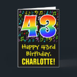 43. Geburtstag: Farbige Musiksymbole   Regenbogen  Karte<br><div class="desc">Die Vorderseite dieses lustigen, lebendigen und farbenfrohen Geburtstagskarten-Designs zeigt eine große Zahl "43" mit einem inspirierten Regenbogenmuster, zusammen mit der Meldung "Happy 43. Geburtstag" und einem personalisierten Empfängernamen. Die Vorderseite weist auch ein Muster verschiedener Musiknote und Symbole mit verschiedenen Farben und Größen auf. Das Innere verfügt über eine eigene Geburtstagsgrüße...</div>