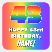 43. Geburtstag: Farbiges, lustiges Regenbogenmuste Quadratischer Aufkleber (Vorderseite)