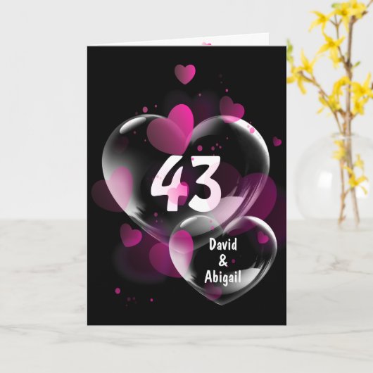 43. Geburtstag Herzblasen auf schwarz Karte (Gelbe Blume)