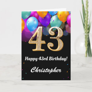 43. Geburtstag Schwarz und Gold farbige Ballons Karte