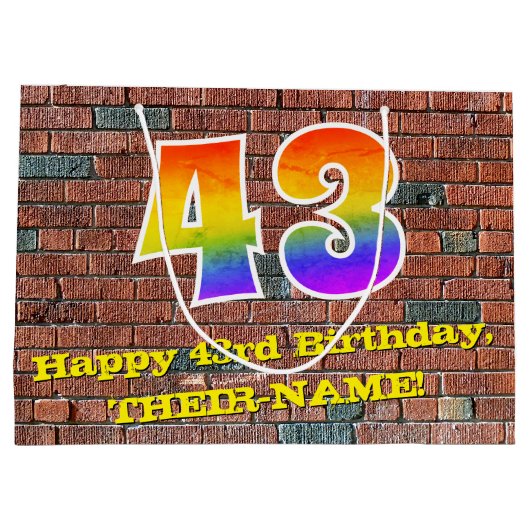 43. Geburtstag: Spaß, Graffiti-Inspiriert Regenbog Große Geschenktüte (Rückseite)