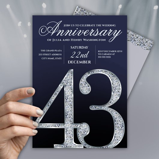 43rd Anniversary Diamond Silver Navy Blue Einladung