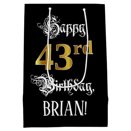 43rd Birthday ~ Fancy Script; Faux Gold Look; Name Mittlere Geschenktüte (Rückseite)