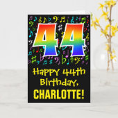 44. Geburtstag: Farbige Musiksymbole + Regenbogen  Karte (Gelbe Blume)