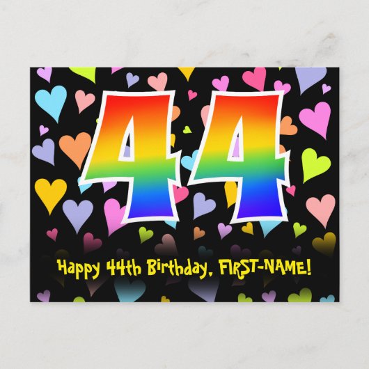 44. Geburtstag: Fun Hearts Muster, Regenbogen 44 Postkarte (Vorderseite)