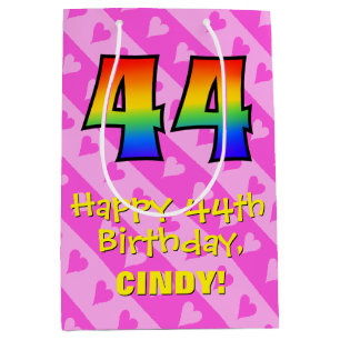 44. Geburtstag: Fun Pink Hearts Streifen; Regenbog Mittlere Geschenktüte