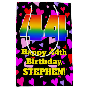 44. Geburtstag: Loving Hearts Pattern, Regenbogen  Mittlere Geschenktüte