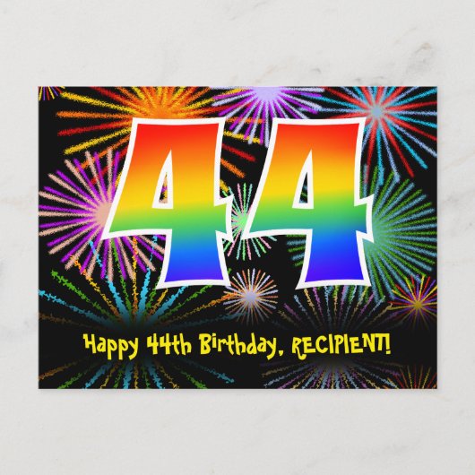 44. Geburtstag – Lustiges Feuerwerk Muster + Regen Postkarte (Vorderseite)