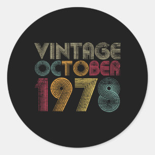 44. Geburtstagsgeschenke - Vintage Oktober 1978 Runder Aufkleber