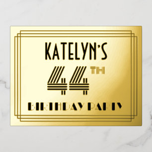 44. Geburtstagsparty ~ Art-Deco-Stil "44" + Name Folie Einladungspostkarte