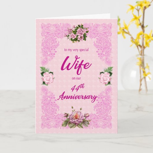 44. Jubiläum für Ehefrau mit Pink Roses Card Karte (Gelbe Blume)