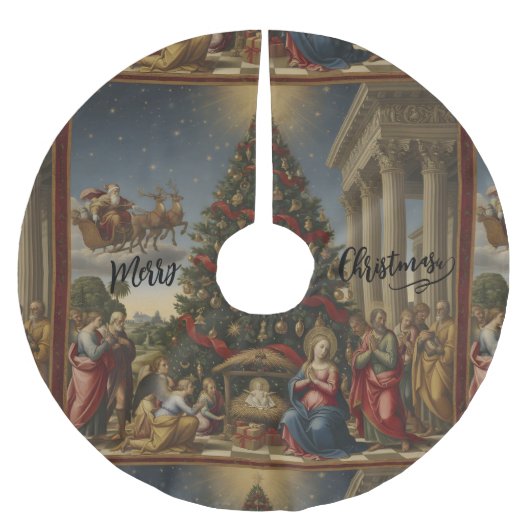 44" Nativity Santa Christmas Tree Skirt Polyester Weihnachtsbaumdecke (Vorderseite)