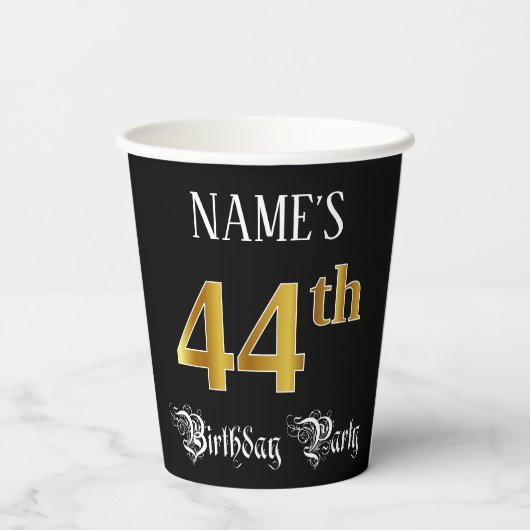 44th Birthday Party — Fancy Script, Faux Gold Look Pappbecher (Rückseite)