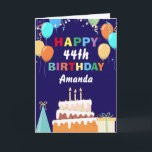 44th Happy Birthday Balloons Cake Navy Blue Karte<br><div class="desc">44th Happy Birthday Colorful Balloons Cake Navy Blue with personalized name. For further customization,  please click the "Customize it" button and use our design tool to modify this template.</div>
