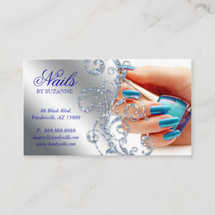 455 Nail Salon Business Card Glitzer Blue Silver Visitenkarte