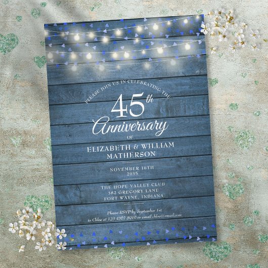 45. 65. Jubiläum String Lights Wood Hearts Einladung
